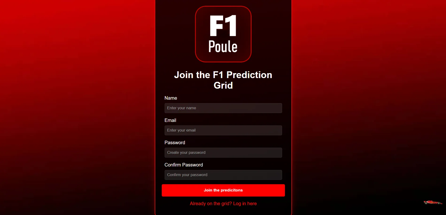 F1 Poule Dashboard showing upcoming race and user points