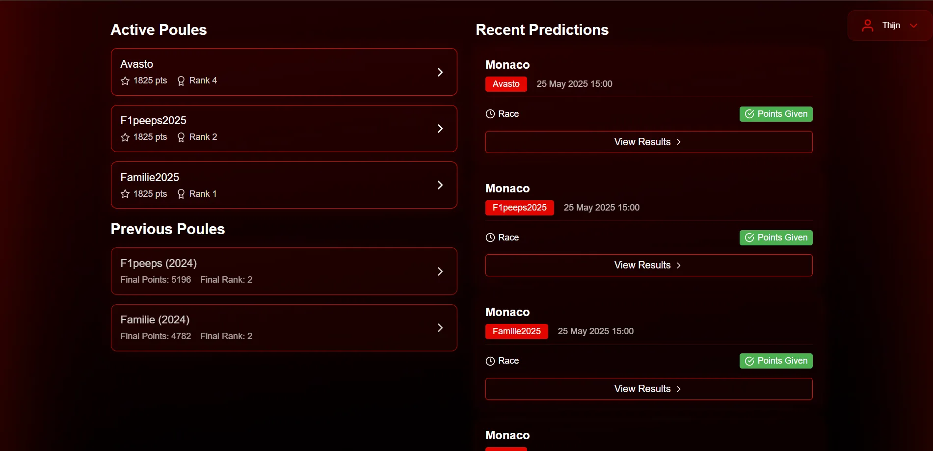 Live race results and points update